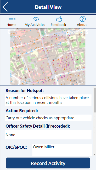 A screenshot of our hotspots policing application, showing dummy data. A map is shown which identifies the hotspot, along with text telling an officer where to go and what to do. 